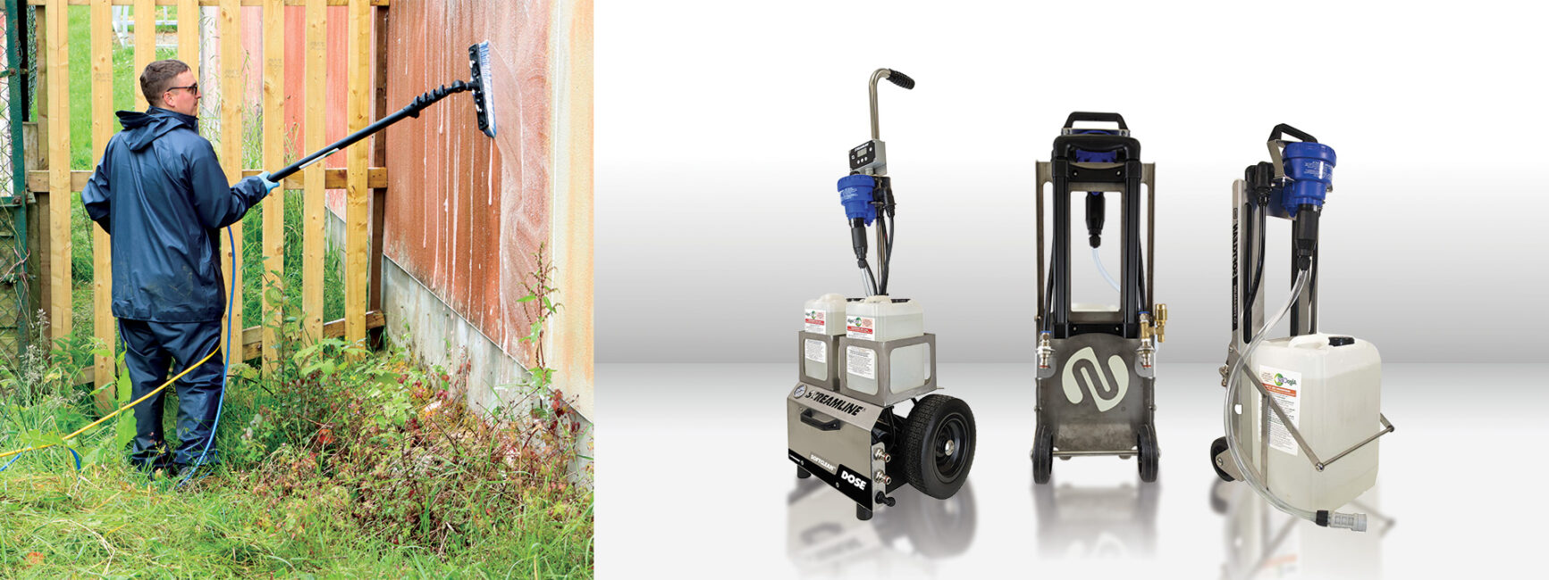 a Man using a soft wash equipment clean siding, 3 soft wash systems lined up in a row